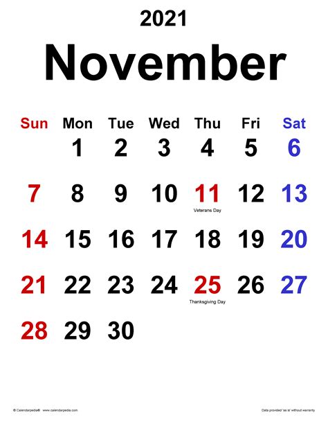 November 2021 Calendar Printable Vertical